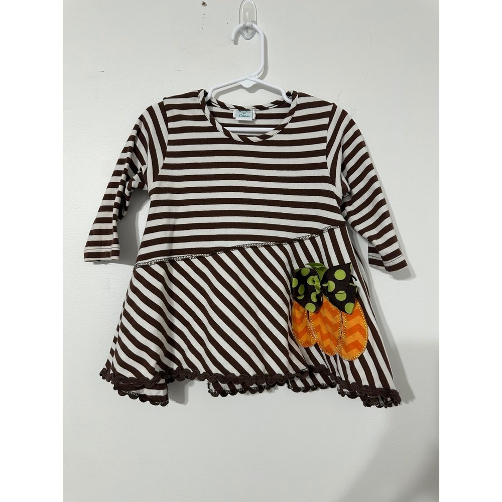 Peaches n Cream Girls 24M Brown Striped Pumpkin  Tunic Dress Fall Holiday
